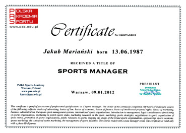 Jakub Mariański - Certyfikat