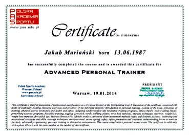 Jakub Mariański - Certyfikat